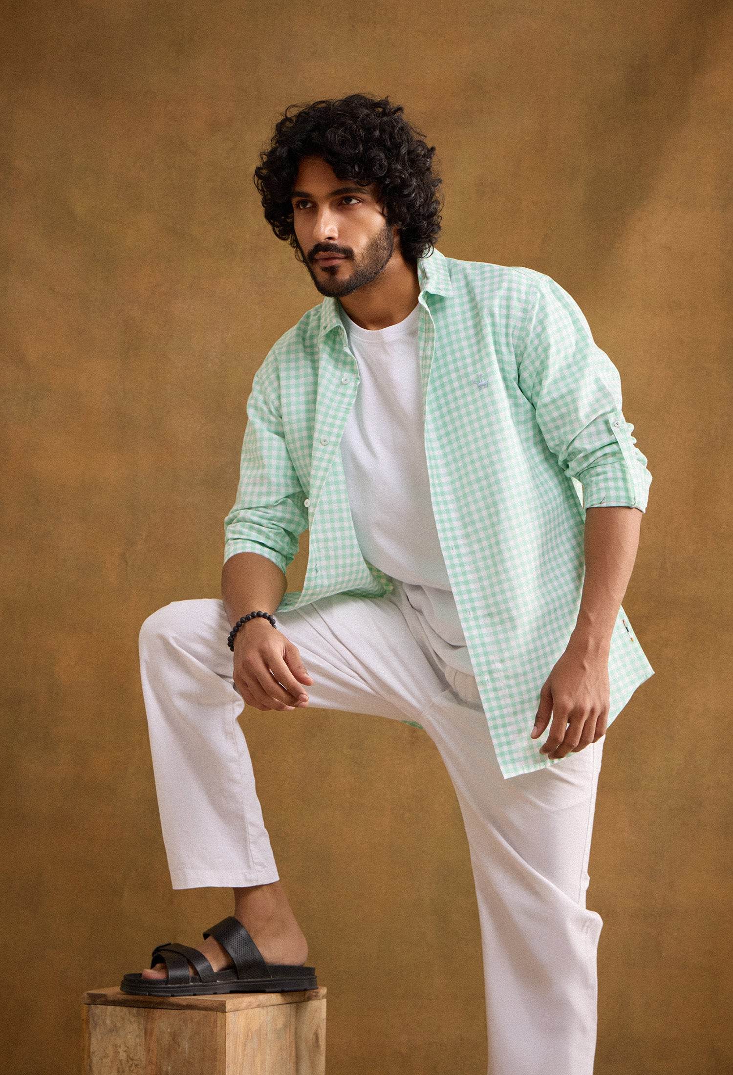 Gingham Cotton Linen Blend Shirt - Mint Green - neopalms