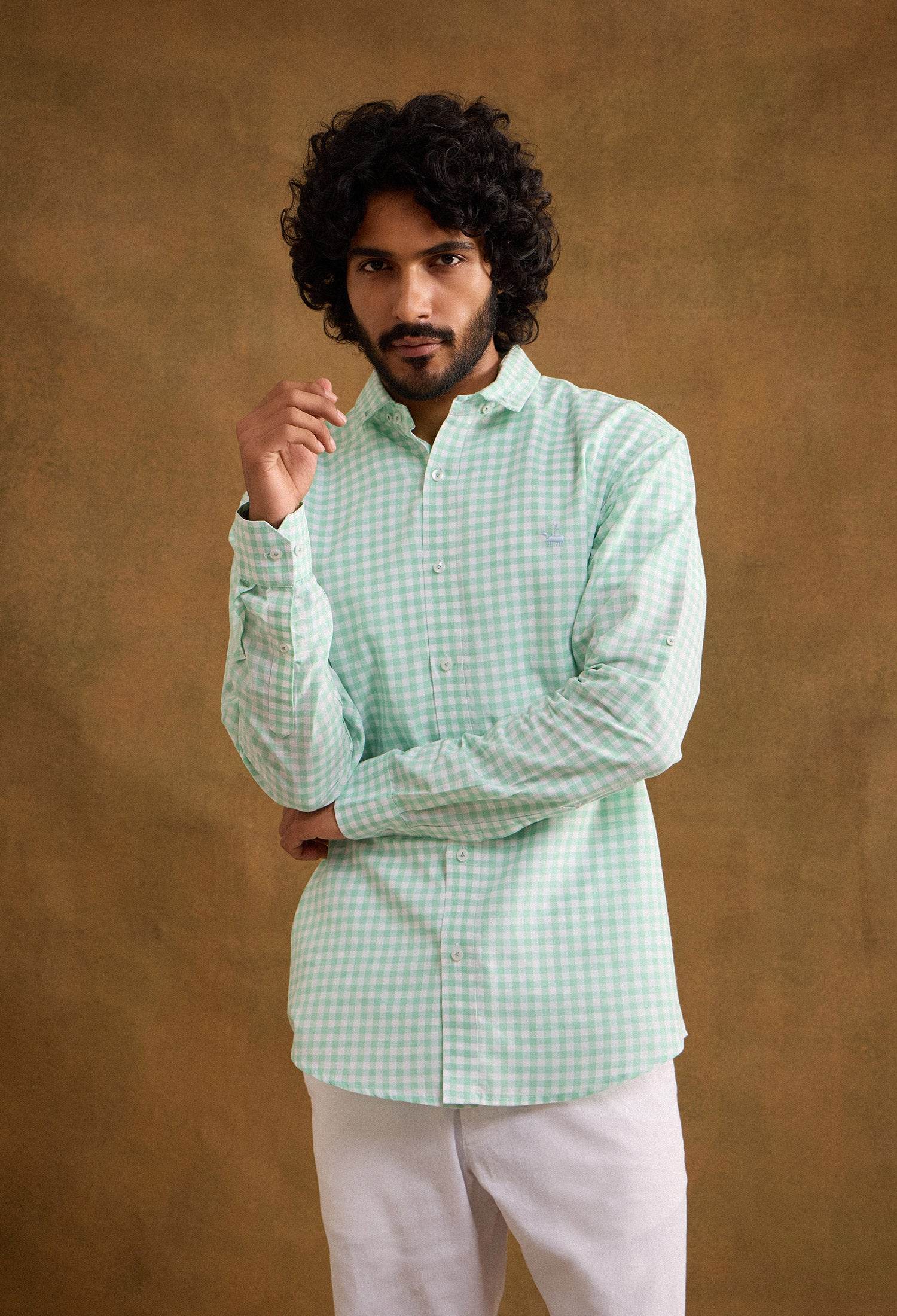 Gingham Cotton Linen Blend Shirt - Mint Green - neopalms