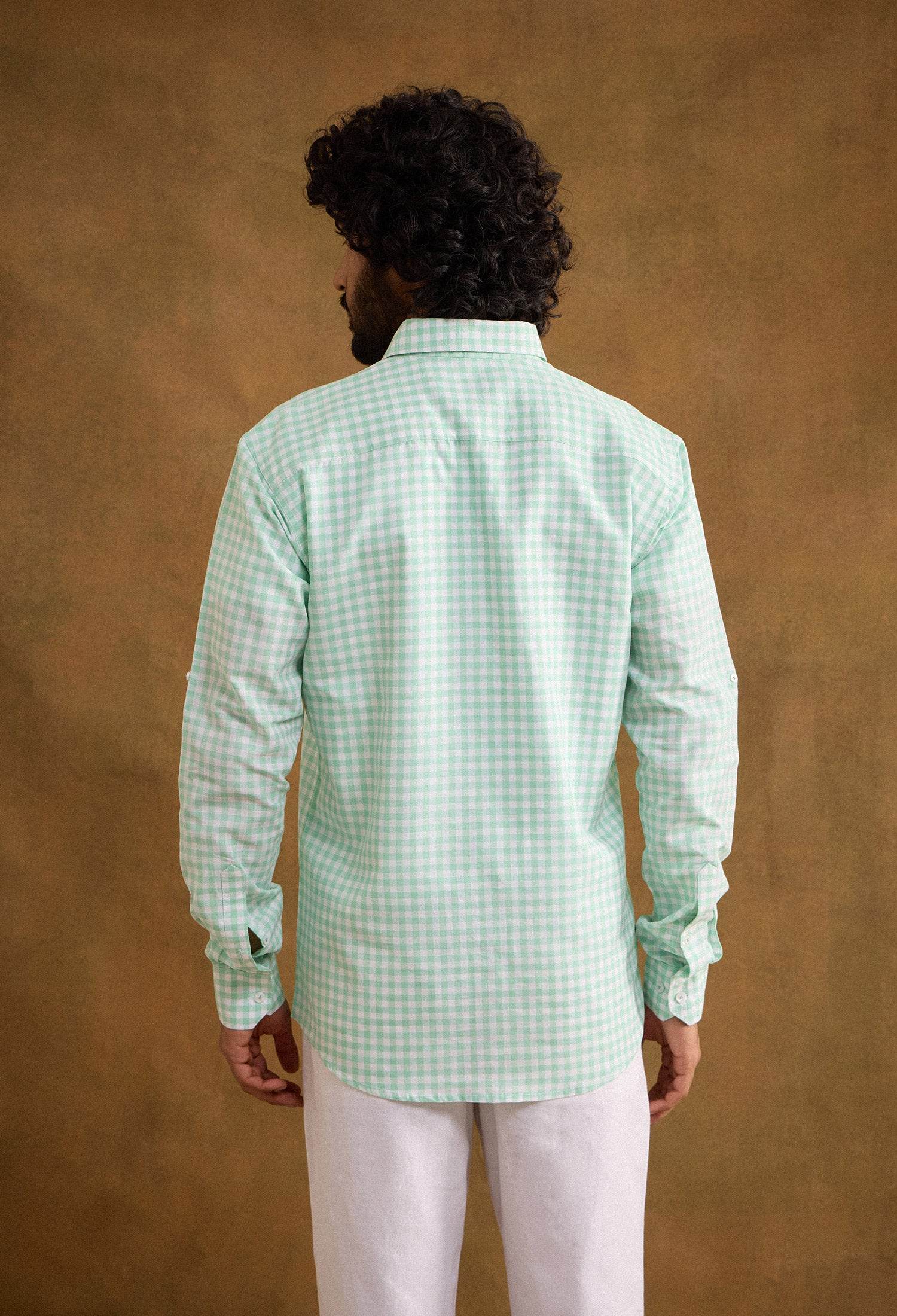 Gingham Cotton Linen Blend Shirt - Mint Green - neopalms