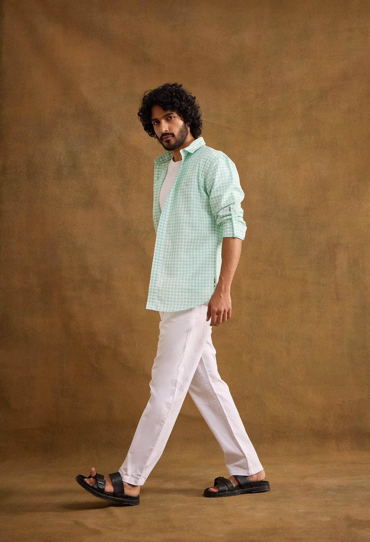 Gingham Cotton Linen Blend Shirt - Mint Green - neopalms