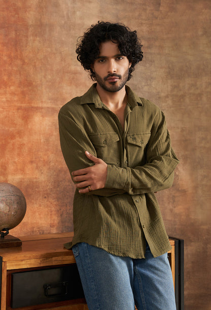Olive Green Pure Cotton Gauze Shirt- Summer Wear neopalms Olive Green Pure Cotton Gauze Shirt- Summer Wear neopalms