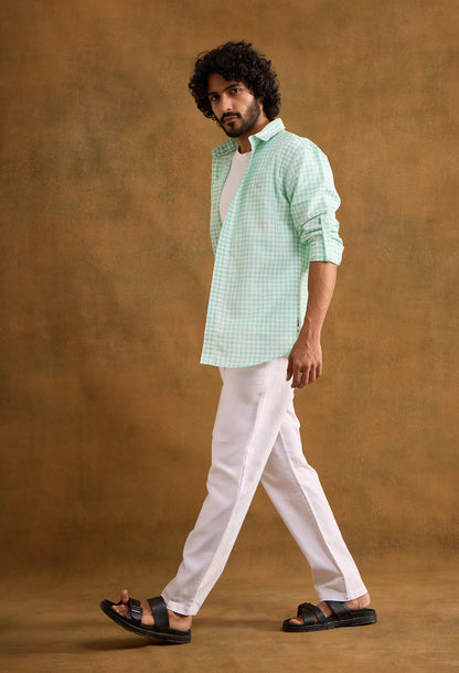 Gingham Cotton Linen Shirt - Mint Green