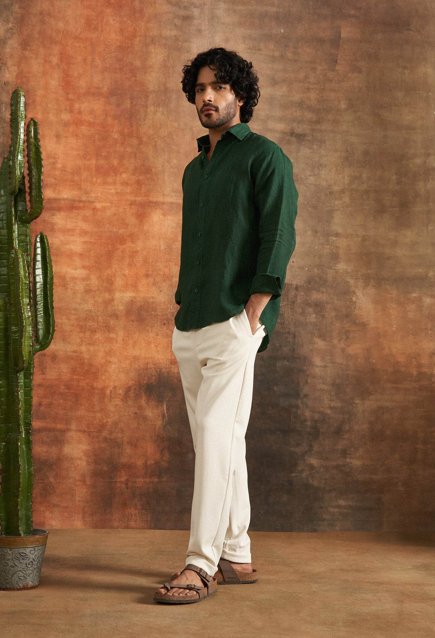 green linen dress shirt Tulum-Casual Green Linen Shirt Long Sleeve