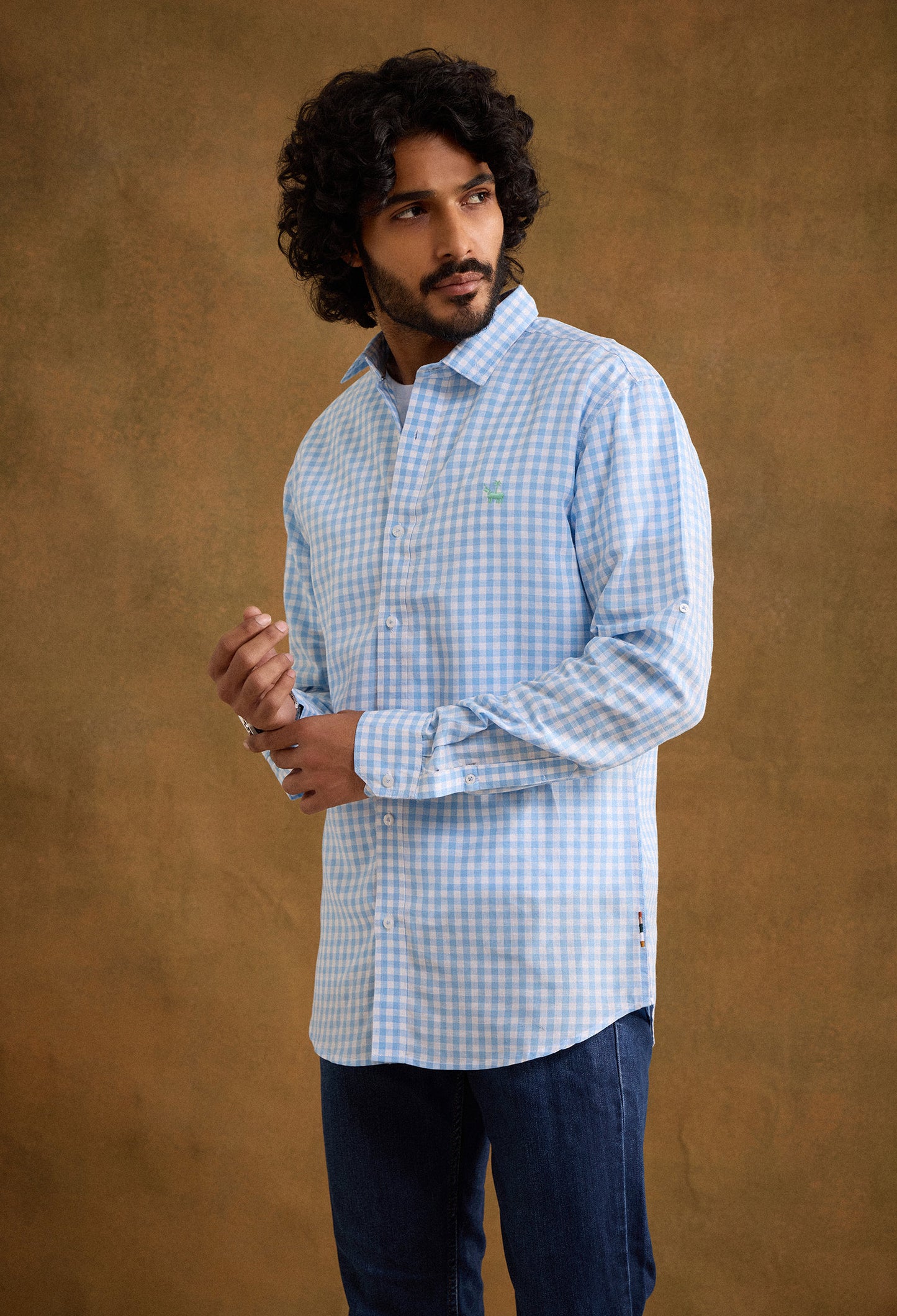 Gingham Cotton Linen Blend Shirt - Baby Blue