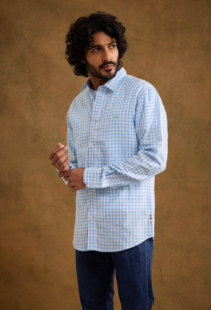 Gingham Cotton Linen Blend Shirt - Baby Blue - neopalms