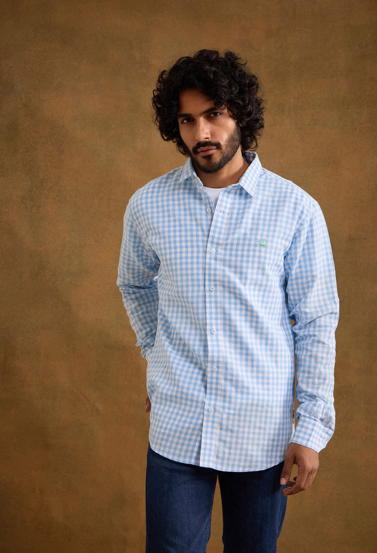 Gingham Cotton Linen Blend Shirt - Baby Blue