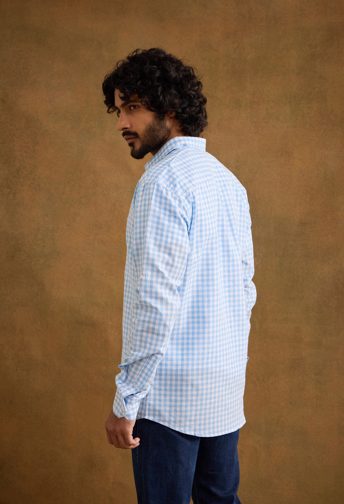 Gingham Cotton Linen Blend Shirt - Baby Blue