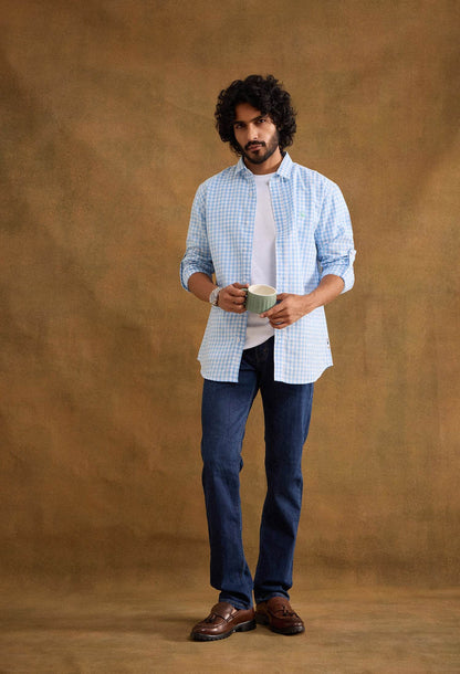 Gingham Cotton Linen Blend Shirt - Baby Blue - neopalms