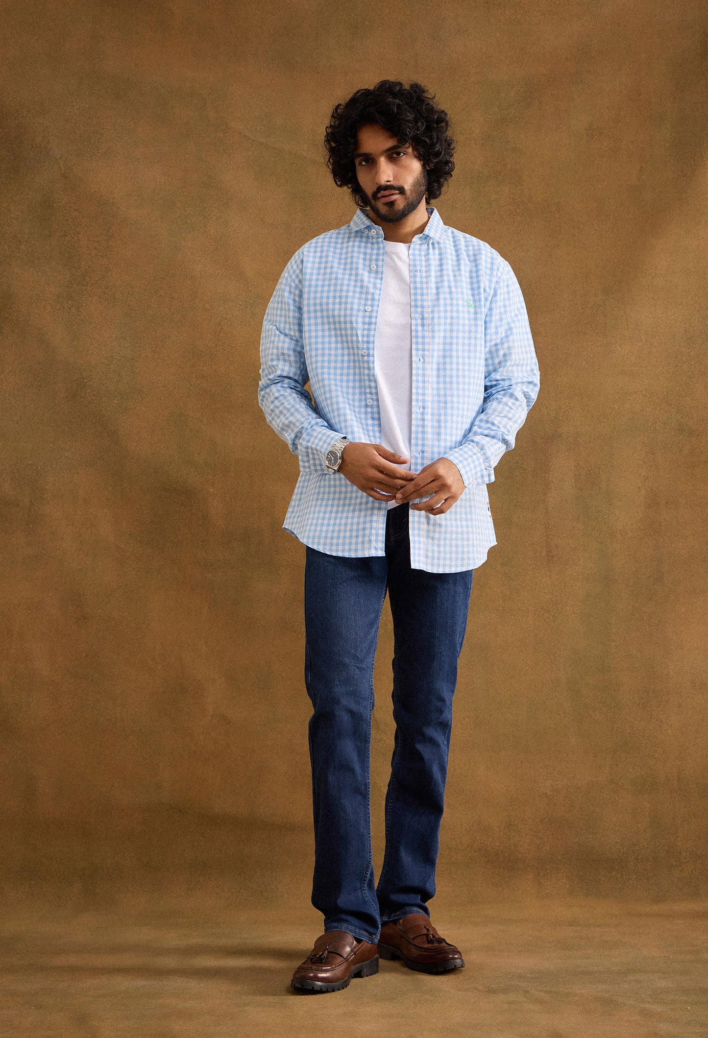 Gingham Cotton Linen Blend Shirt - Baby Blue