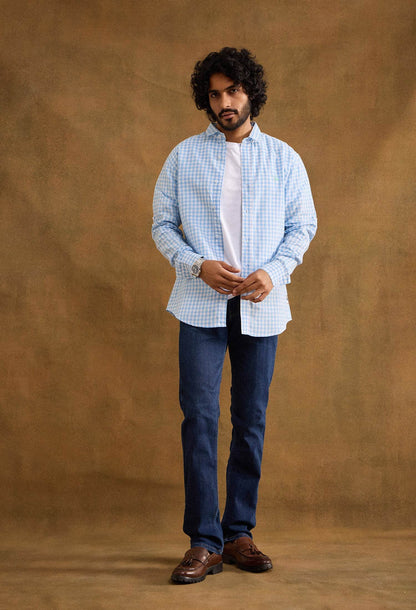 Gingham Cotton Linen Blend Shirt - Baby Blue - neopalms