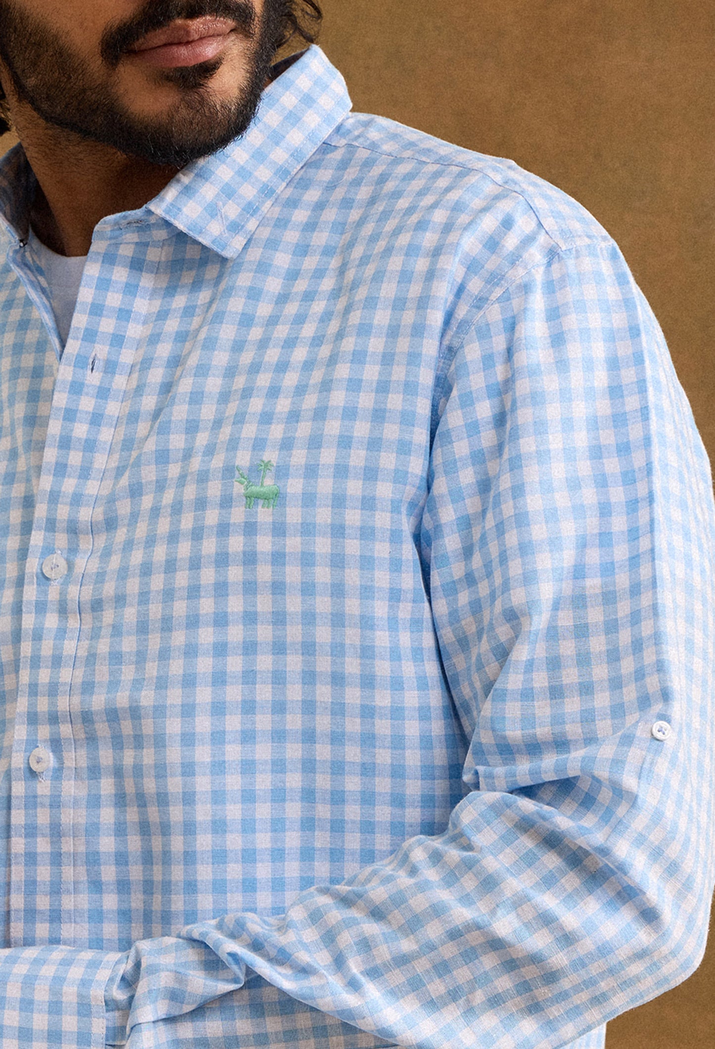 Gingham Cotton Linen Blend Shirt - Baby Blue