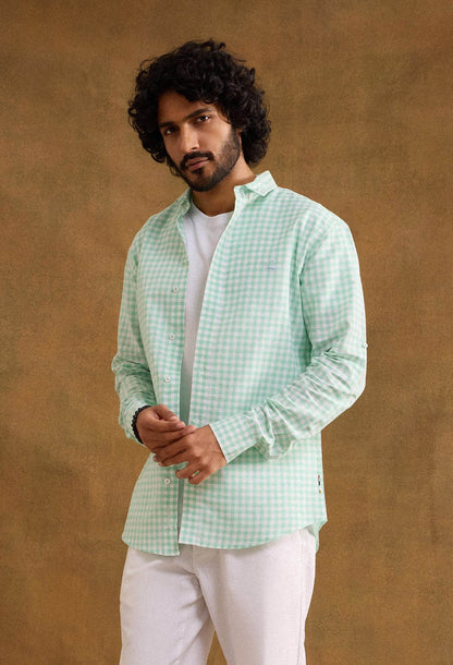 Gingham Cotton Linen Blend Shirt - Mint Green - neopalms